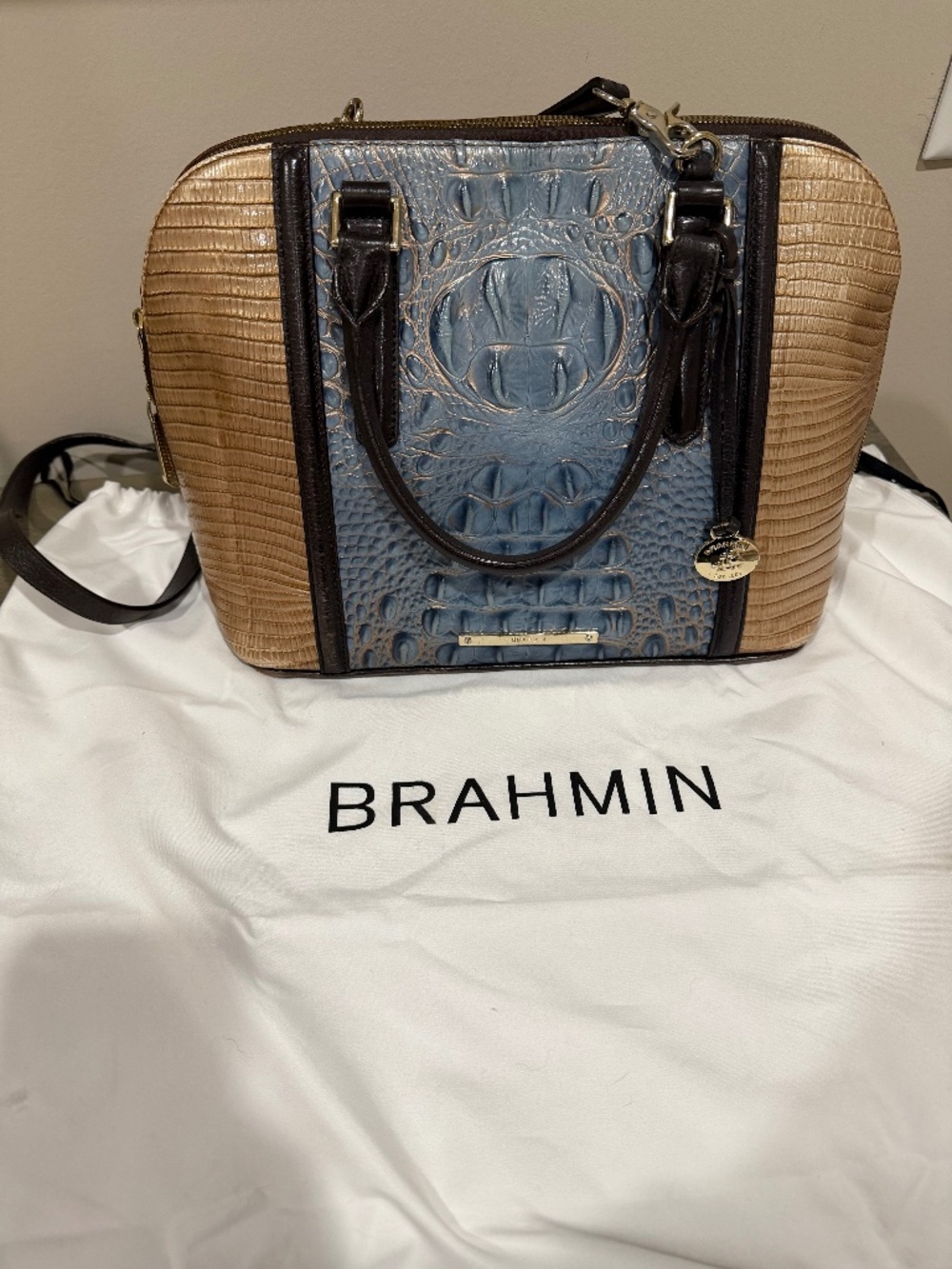 Brahmin Blue and Tan Crocodile-Embossed Satchel with Dark Brown Trim